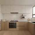 Modern Kitchen Interior Design With White And Wooden Cabinets Stove Oven Microwave And Window