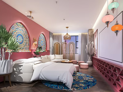 Elegant Modern Hotel Room Interior With Comfortable Bed Decorative Carpet And Stylish Lamps 3d model