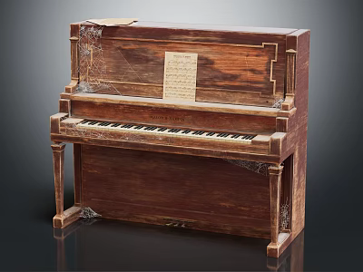 Antique Vintage Wooden Piano Musical Instrument With Cobwebs And Old Music Sheet 3d model