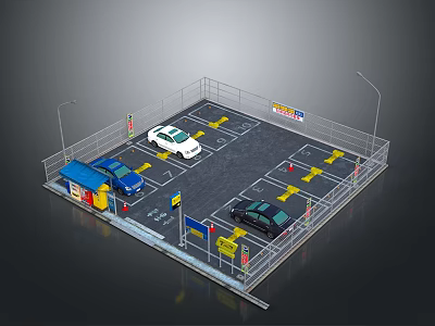 Organized Parking Lot With Fenced Area Three Cars And Marked Spaces 3d model