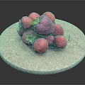 Fresh Ripe Strawberries With Green Leaves On Round Stone Cutting Board Against Black Background