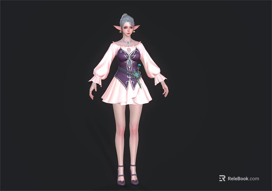 Elven Woman In Purple Pink Dress With Long Sleeves Decorative Waist And High Heels 3d model 