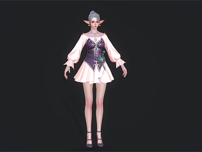 Elven Woman In Purple Pink Dress With Long Sleeves Decorative Waist And High Heels 3d model