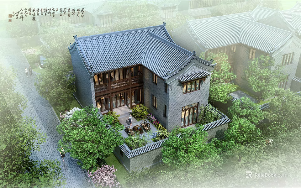 Chinese Style Detached Villa With Gray Tiled Roof Wooden Structure And Green Courtyard 3d model 