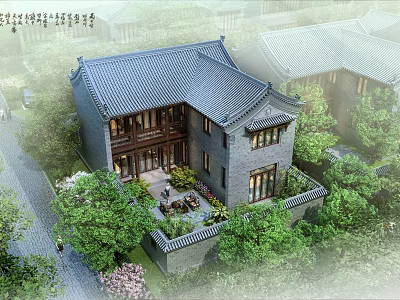 Chinese Style Detached Villa With Gray Tiled Roof Wooden Structure And Green Courtyard 3d model