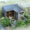 Chinese Style Detached Villa With Gray Tiled Roof Wooden Structure And Green Courtyard