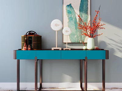 Turquoise Console Table with Brown Trunk White Lamps Green Leaf Painting on Light Blue Wall 3d model