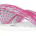Modern Red Grid Pergola With Curved Steel Structure And Artistic Design