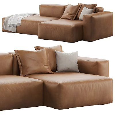 Brown Leather Sectional Sofa With Modern Design Cozy Pillows And Soft Blanket 3d model