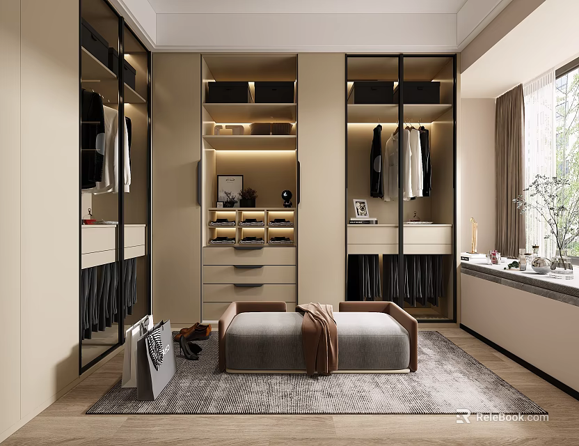 Modern Walk-in Closet Interior Design With Glass Door Wardrobes And Central Bench 3d model 