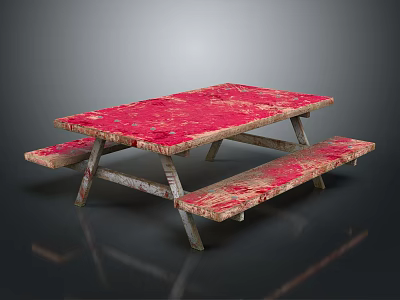 Outdoor Wooden Red Weathered Table With Attached Benches For Patio Seating Area 3d model