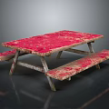 Outdoor Wooden Red Weathered Table With Attached Benches For Patio Seating Area