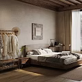 Rustic Bedroom Interior With Wooden Ceiling Beige Walls Framed Art Wooden Bed And Clothing Rack
