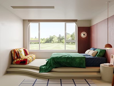 Cozy Bedroom Interior With Large Window Green Trees View Green Quilt And Colorful Sofa Chair 3d model