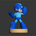 Blue Robot Character in Action Pose Standing on Golden Base with Reflective Surface 3d model