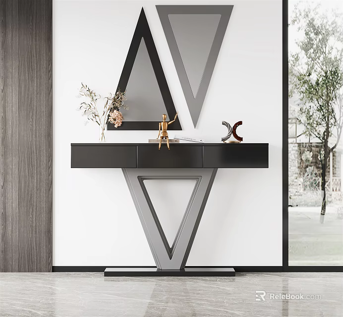 Modern Entryway Console Table Side Cabinet With Triangular Design Decorative Mirror And Ornaments 3d model