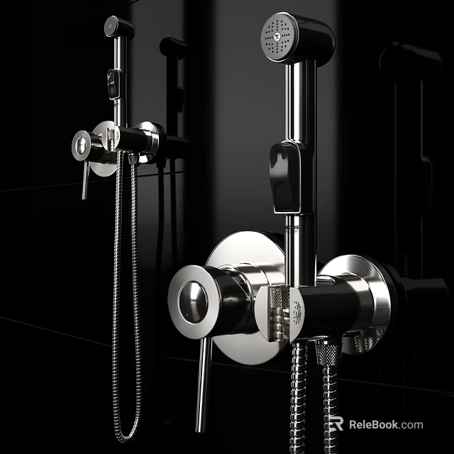 Modern Chrome Wall Mounted Shower Faucet with Control Knobs Handheld Sprayer and Hose 3d model 