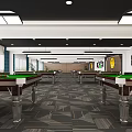 Spacious Billiard Room With Multiple Tables Ceiling Lights Wall Art And Patterned Floor