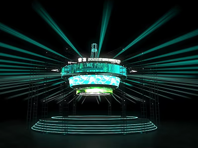 Modern Elevator Hallway Design With Neon Green Lights LED Illumination And Staircase 3d model
