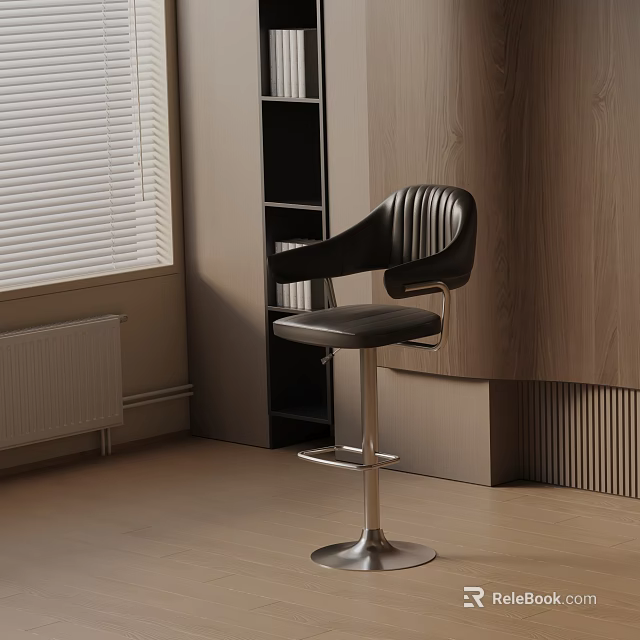 Modern Bar Stool Featuring Leather Seat and Metal Base Near Wooden Wall and Bookshelf 3d model 