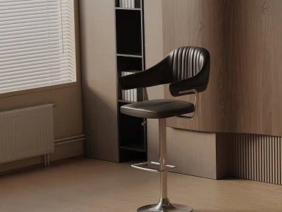 Modern Bar Stool Featuring Leather Seat and Metal Base Near Wooden Wall and Bookshelf 3d model