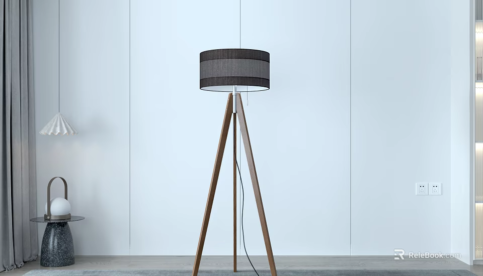 Modern Wooden Tripod Floor Lamp With Gray Fabric Shade For Living Room 3d model 