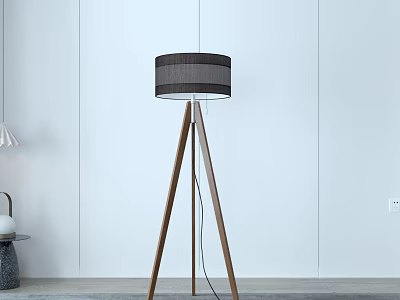 Modern Wooden Tripod Floor Lamp With Gray Fabric Shade For Living Room 3d model