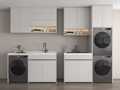Modern Bathroom Cabinet Unit with Double Sink Built-in Lighting and Washing Machine 3d model