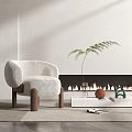 Light Upholstered Single-seat Sofa With Wooden Legs By Fern Plant And Fireplace