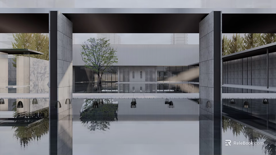 Modern Garden Landscape Featuring Water Pool Reflection And Symmetrical Architecture With Trees 3d model 