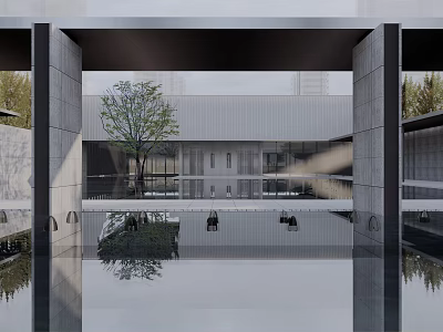 Modern Garden Landscape Featuring Water Pool Reflection And Symmetrical Architecture With Trees 3d model