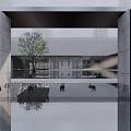 Modern Garden Landscape Featuring Water Pool Reflection And Symmetrical Architecture With Trees