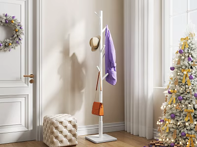 Coat Rack With Purple Coat Hat Orange Bag By Tufted Stool Christmas Tree Wooden Floor 3d model