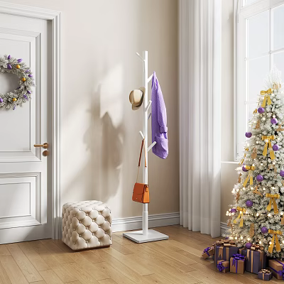Coat Rack With Purple Coat Hat Orange Bag By Tufted Stool Christmas Tree Wooden Floor 3d model
