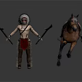Native American Man in Feathered Headdress Holding Spear and Tomahawk with Running Horse