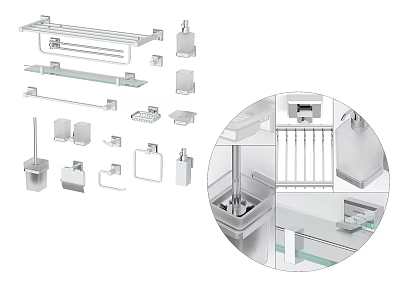 Modern Bathroom Hardware Set Including Towel Racks Glass Shelves And Hooks With Installation Details 3d model