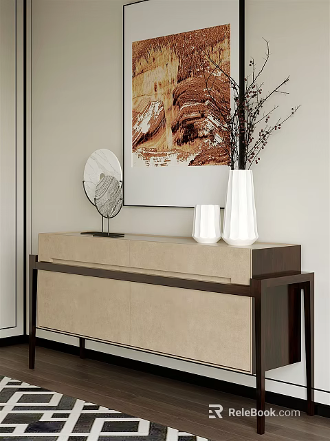 Modern Entryway Console Table With Decorative Mirror White Vase And Wall Art 3d model