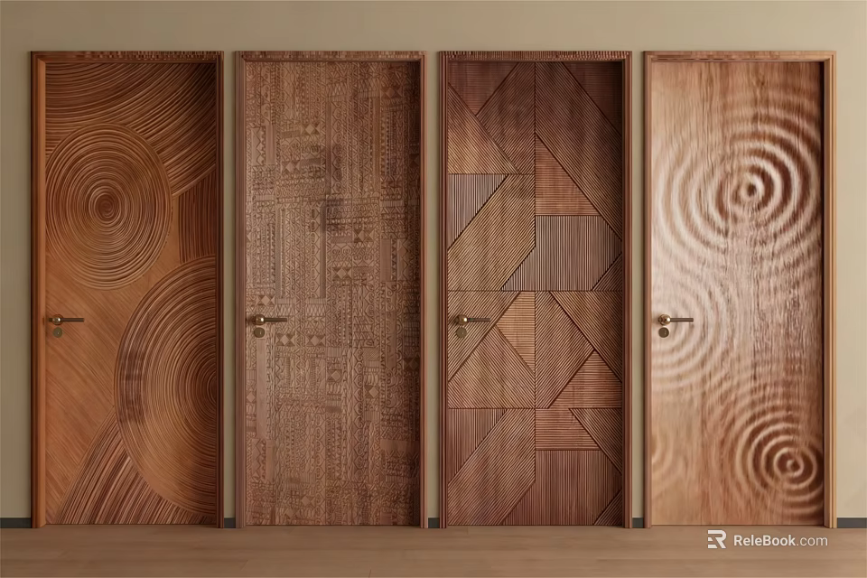 Wooden Swing Doors With Various Decorative Textures And Intricate Patterns 3d model