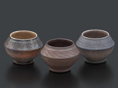 Three Decorative Ceramic Vessels With Intricate Patterns Textured Surfaces And Earth Tones 3d model