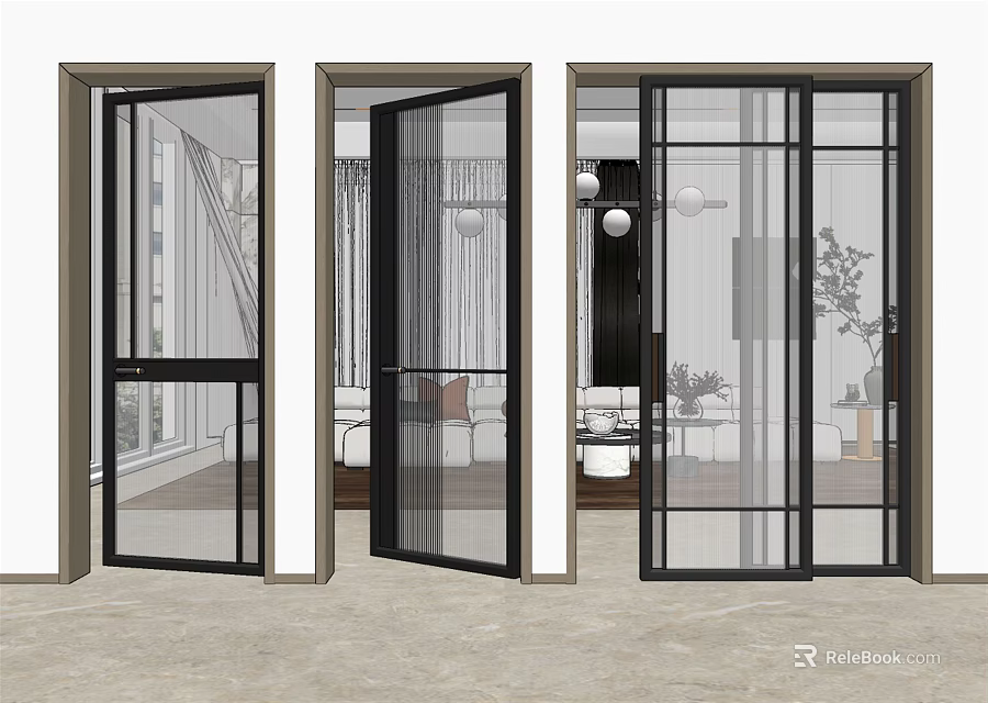Modern Interior Glass Doors With Black Frames And Various Designs 3d model 