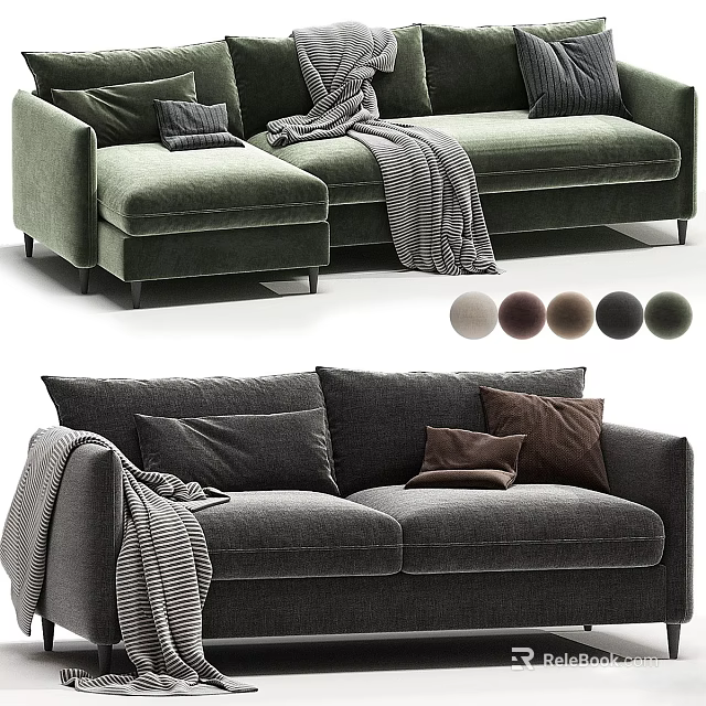 Luxurious Velvet Sectional Sofa With Decorative Pillows Throw Blanket And Multiple Color Options 3d model 