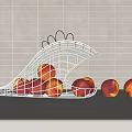 Fresh Peaches in Chicken Shaped Metal Fruit Basket and Beside Gray Grid Wall