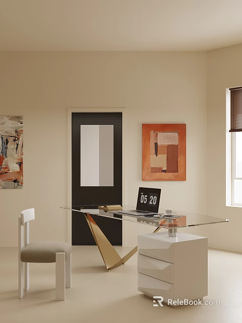 Modern Glass Top Desk With Gold Stand Laptop And Wall Art Near Window 3d model 