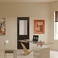 Modern Glass Top Desk With Gold Stand Laptop And Wall Art Near Window