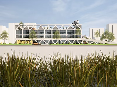 Modern Supermarket Department Store Building Exterior With Glass Windows Green Plants And Front Lawn 3d model