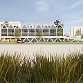 Modern Supermarket Department Store Building Exterior With Glass Windows Green Plants And Front Lawn