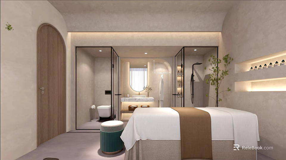 Modern SPA Sauna Interior With Comfortable Bed Mirror Shower Area And Green Plant 3d model 