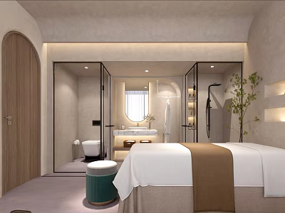 Modern SPA Sauna Interior With Comfortable Bed Mirror Shower Area And Green Plant 3d model