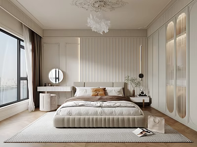 Modern Elegant Bedroom Interior With Upholstered Headboard Large Window City View Chandelier And Rug 3d model