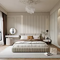 Modern Elegant Bedroom Interior With Upholstered Headboard Large Window City View Chandelier And Rug